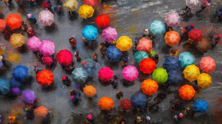 Many brightly colored umbrellas dot the rain soaked street where people gather and enjoy.の素材