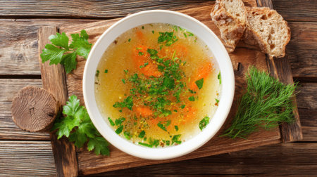 A bowl of steaming soup filled with carrots and herbs sits on a wooden board. Freshly baked bread accompanies the meal inviting warmth and comfort.の素材