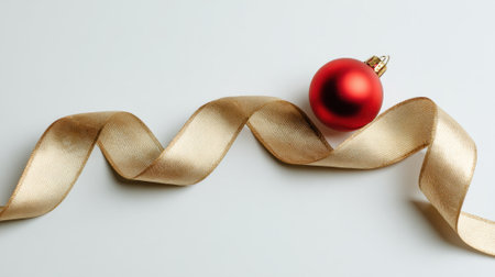 A shiny red ornament sits beside a flowing gold ribbon perfect for festive decor.の素材