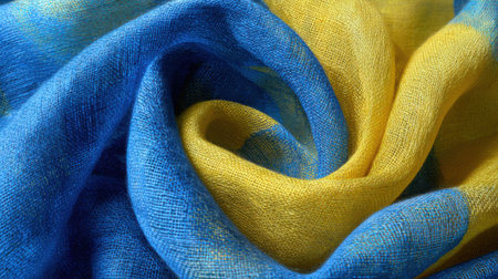 A close-up view of soft fabric featuring bright blue and yellow colors twisted together creating a beautiful swirling effect. The texture is lightweight and inviting.の素材