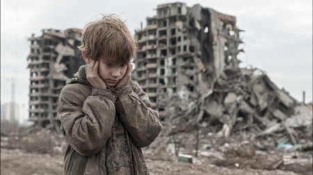 A young boy stands silently in a war torn area surrounded by crumbling buildings and debris lost in thought.の素材