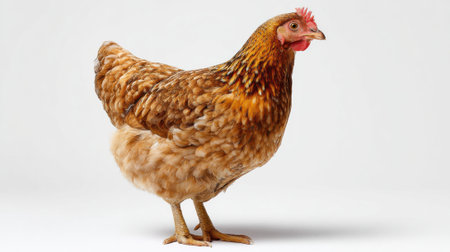 A brown hen is standing upright on a light background. The hen displays its vibrant feathers and distinct features representing a common farm animal in agriculture.の素材