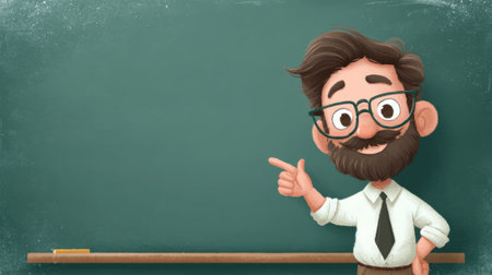 A cheerful educator with glasses gestures toward a blank chalkboard eager to teach students.の素材