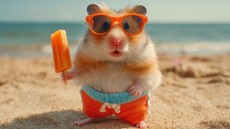 A cute hamster wearing sunglasses holds a colorful popsicle standing on soft sand near the sea.の素材