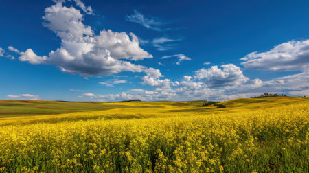 Bright yellow flowers bloom across vast fields contrasting beautifully with the clear blue sky.の素材