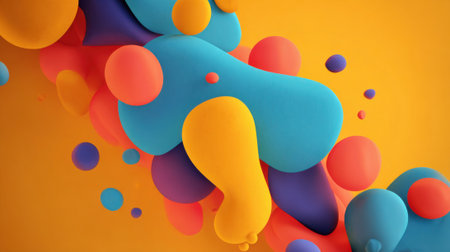 Colorful abstract shapes in shades of blue yellow orange and pink blend together against a bright yellow background. This lively design evokes fun and creativity.の素材