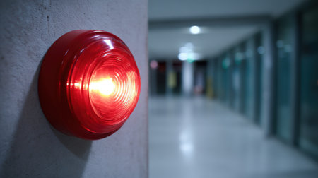 A bright red alert light shines on a wall in a spacious modern corridor. The atmosphere is quiet with dim lighting illuminating the floor ahead. This indicates a possible emergency.の素材