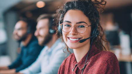 A woman with curly hair and glasses sits at a desk wearing a headset smiling while assisting customers. Two colleagues are focused on their work nearby in a modern office.の素材