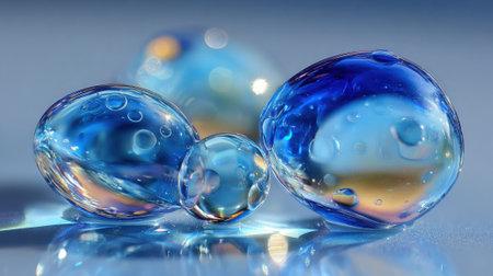 Three glass spheres in various sizes reflect light and colors creating an eye-catching arrangement on a flat surface. The scene captures beauty and elegance through their smooth surfaces.の素材