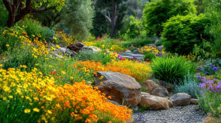A beautiful pathway winds through a colorful garden showing an array of blooming flowers under bright sunlight.の素材