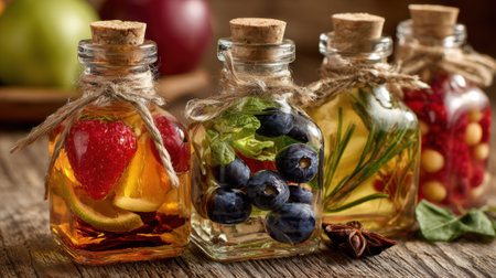 Jars filled with infused oils hold vibrant strawberries blueberries and fresh herbs. The rustic kitchen setting features a wooden table and fresh produce nearby creating a cozy atmosphere.の素材