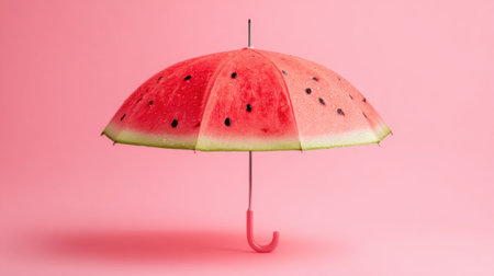 A playful umbrella shaped like a watermelon stands against a bright pink background showing creativity.の素材