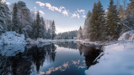 Snow blankets the ground and trees along the serene river. The still water reflects the colorful sky and trees creating a peaceful winter scene at dawn.の素材