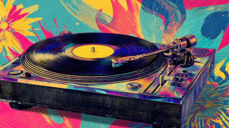 A lively vinyl player spins a record surrounded by bright colors and floral designs creating a joyful atmosphere.の素材