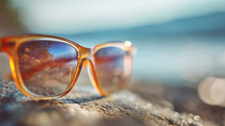 Sunglasses lie on a sunlit rock near the water reflecting a vibrant beach scene and sparkling waves.の素材