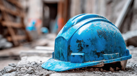 A blue hard hat lies on the ground near scattered debris at a construction site. Tools and materials surround it indicating ongoing construction work.の素材