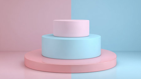 A stylish cake stand features three smooth layers in shades of pink and blue. It is set against a two-tone background perfect for a celebration or event display.の素材