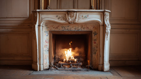 Warm flames dance in a beautifully crafted fireplace creating a cozy atmosphere in a vintage room.の素材