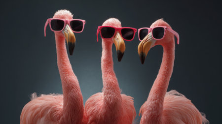 Pink flamingos don stylish sunglasses while showing off their fun personalities indoors.の素材