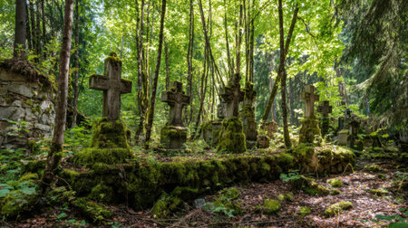 In a serene forest moss covered gravestones stand quietly surrounded by vibrant greenery and dappled sunlight.の素材