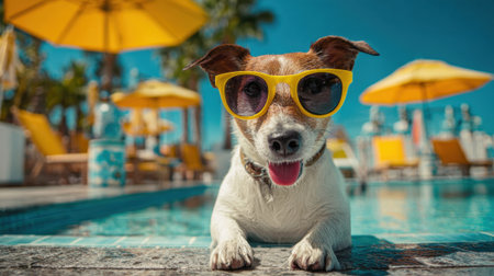 Dog lounges near a sparkling pool enjoying the warm sun and wearing stylish yellow shades.の素材
