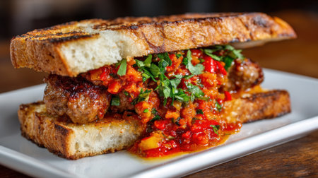 Savor the vibrant combination of sausage fresh herbs and zesty sauce piled high between golden toasted bread. Perfect for a satisfying meal at any time.の素材