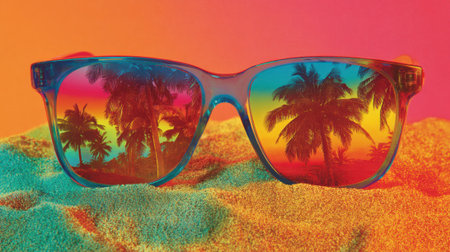 Colorful sunglasses show a stunning reflection of palm trees and a magical sunset scene.の素材