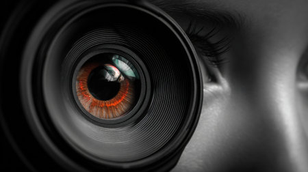A striking close up reveals a human eye peering through a camera lens capturing intricate details and vibrant colors blending art and vision in an engaging way.の素材