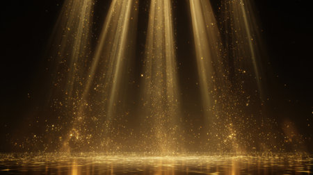 Soft golden light radiates down casting a warm glow and sparkles across a tranquil space.の素材