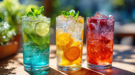 Brightly colored drinks filled with ice and garnished with mint leaves sit on a wooden table. The setting is outdoors enjoying a sunny atmosphere.の素材