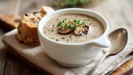 A bowl of creamy mushroom soup is garnished with fresh herbs and sliced mushrooms. A piece of crusty bread sits nearby on a wooden surface creating a cozy dining scene.の素材