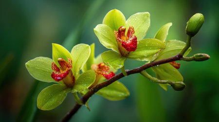 Bright green orchid flowers with red centers thrive on a slender branch. The scene captures the essence of nature with droplets of water adding freshness and vibrancy.の素材