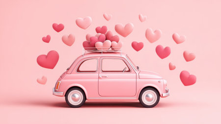 A charming pink car carries a joyful collection of hearts creating a delightful atmosphere of romance.の素材