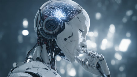 A humanoid robot stands in a futuristic setting deep in thought. Its head showcases intricate circuits symbolizing artificial intelligence and innovation. The background glows with digital light.の素材