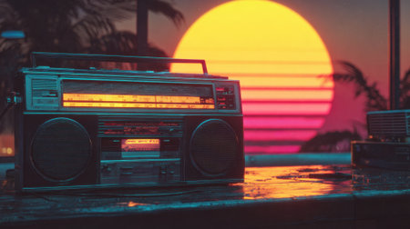 A colorful sunset casts warm hues over a retro boombox creating a serene and inviting atmosphere.の素材
