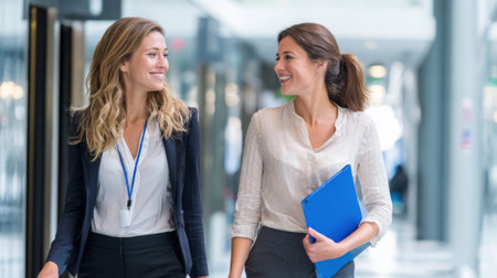 Two business professionals are walking together in a sleek office corridor smiling and enjoying a conversation during the busy workday. They exude confidence and camaraderie.の素材