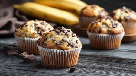 Delicious banana chocolate chip muffins are displayed on a rustic wooden surface alongside ripe bananas. These treats feature a golden brown top and chunks of chocolate.の素材