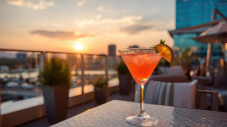 A colorful cocktail sits on a glass table garnished with a slice of citrus. The sun sets behind city buildings casting a warm glow over a stylish rooftop terrace.の素材