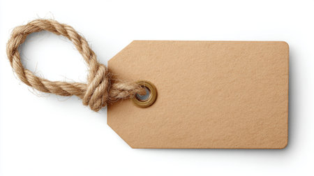 A plain brown kraft tag hangs from a natural rope. This label features a simple design often used for tagging gifts or products. Its neutral color makes it versatile for various occasions.の素材
