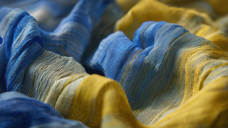 The vibrant fabric displays a beautiful mix of blue and yellow colors in soft waves. The texture appears delicate creating a flowing look that suggests movement and elegance.の素材