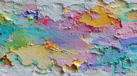 Bright colors emerge from layers of peeling paint on an old wall showing a mix of textures and hues in the warm afternoon light. The scene captures a unique artistic aesthetic.の素材