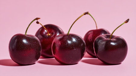 Five ripe cherries are positioned closely together on a light pink background. The cherries exhibit a deep red hue and glossy surface highlighting their freshness.の素材