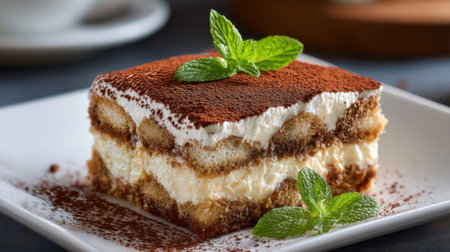 A rich dessert layered with creamy filling and coffee-flavored biscuits dusted with cocoa and garnished with mint leaves perfect for any occasion.の素材