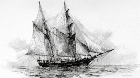 A detailed sketch of a classic sailing ship with multiple sails unfurled gliding across turbulent waves. The scene captures a sunset atmosphere with dramatic clouds.の素材