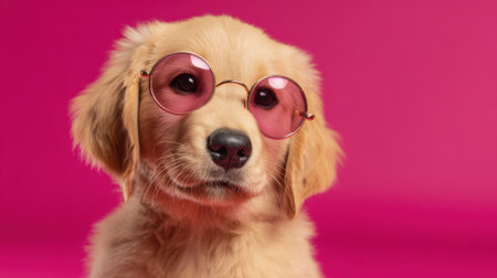 A playful golden retriever puppy poses confidently while wearing stylish pink sunglasses. The bright pink backdrop adds a fun and cheerful atmosphere to the scene.の素材