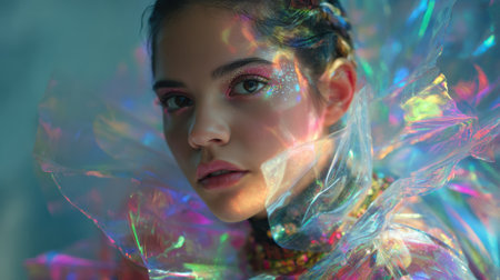 A young woman poses with a stunning expression while surrounded by colorful translucent materials that reflect light.の素材