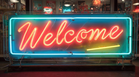 A vibrant neon sign illuminates a lively atmosphere greeting guests with its warm colors. The scene captures the welcoming spirit of the nighttime surroundings in a busy area.の素材
