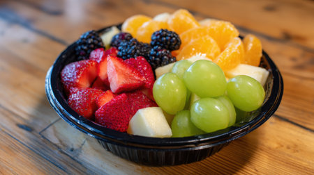 This fruit bowl showcases a vibrant mix of strawberries, blackberries, oranges and green grapes arranged neatly. The natural wood table adds a rustic touch.の素材