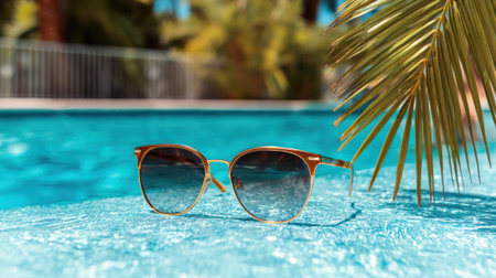 Sunglasses lie on cool water surrounded by vibrant palm leaves under a clear blue sky.の素材