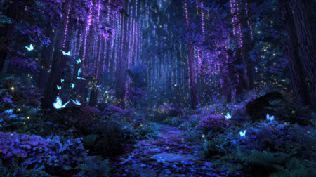 A mystical forest glows with purple lights and twinkling fireflies. Butterflies flutter among lush plants creating a serene and enchanting atmosphere at night.の素材